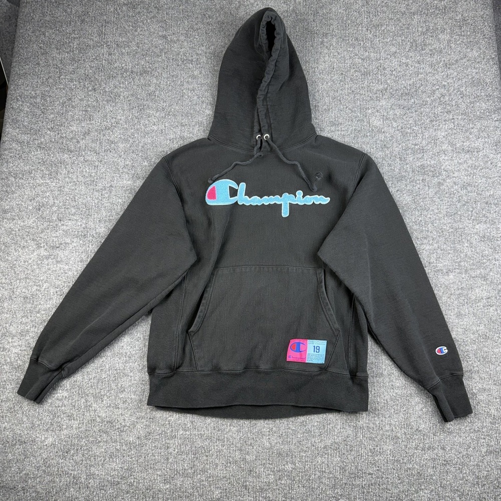 Champion‎ Reverse Weave Hoodie Mens Medium Black Chenille Logo Fleece Sweatshirt